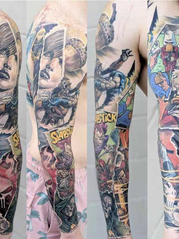 Robert Bennett full sleeve comic tattoo