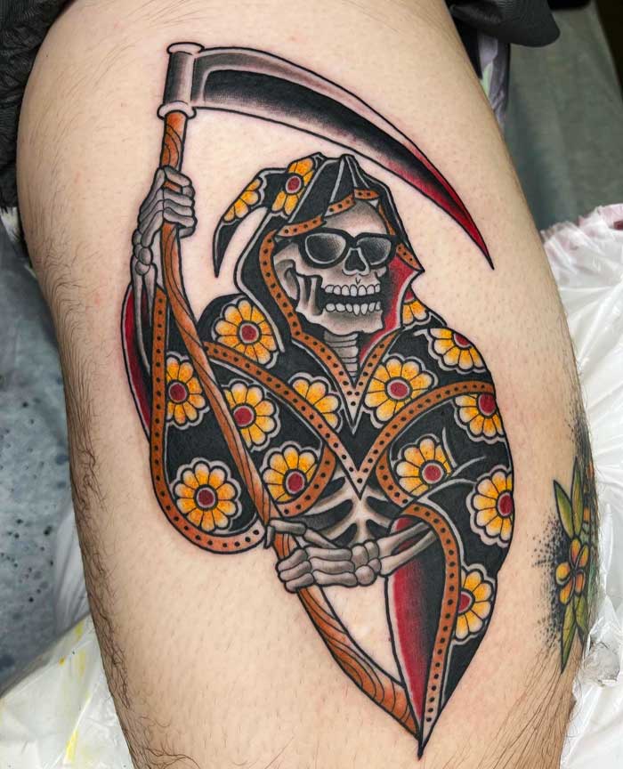 Thigh reaper tattoo by Ash