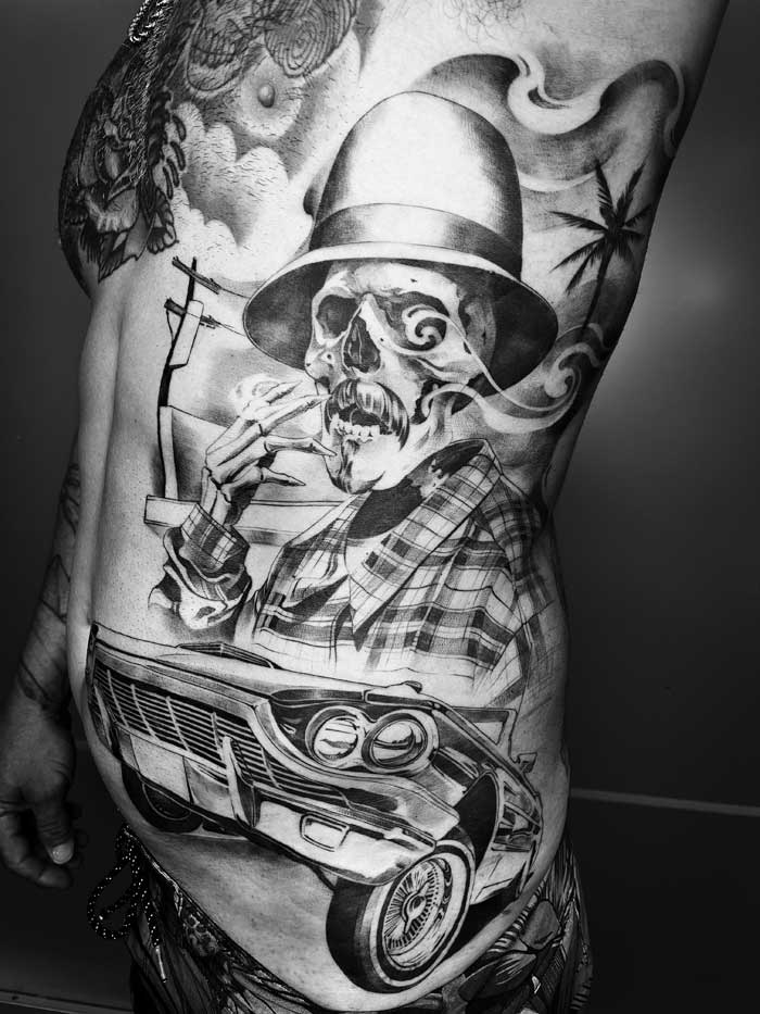 Full side skeleton and classic car tattoo by Vincent