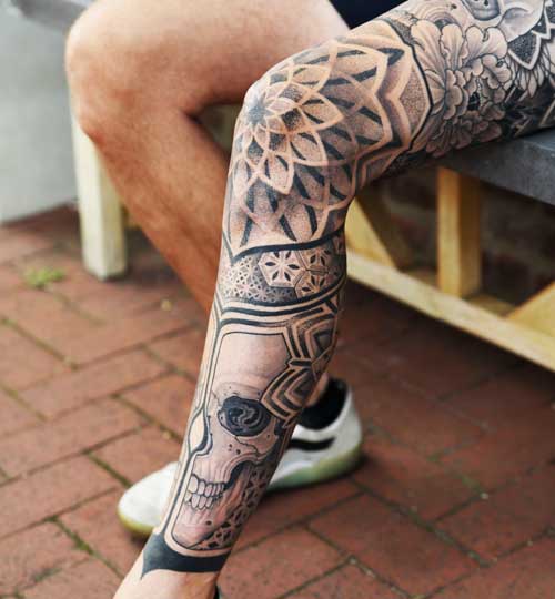Leg sleeve tattoo by Hunter Schuon